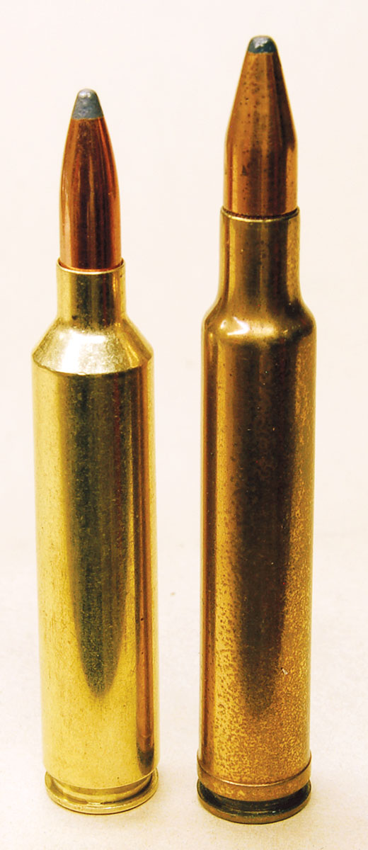 The 26 Nosler (left) and the 300 Weatherby (right) that Weatherby necked down to 6.5mm in 2017 to gain the fastest 6.5mm title.